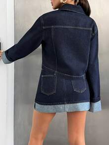 SHEIN Women's Long Sleeve Single-Breasted Pocket Denim Jacket And Denim Mini Skirt Casual Suit - Dark Wash - View 2
