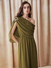 Arave Asymmetric Ruched Flowy Maxi Dress New Year - Olive Green - View 7
