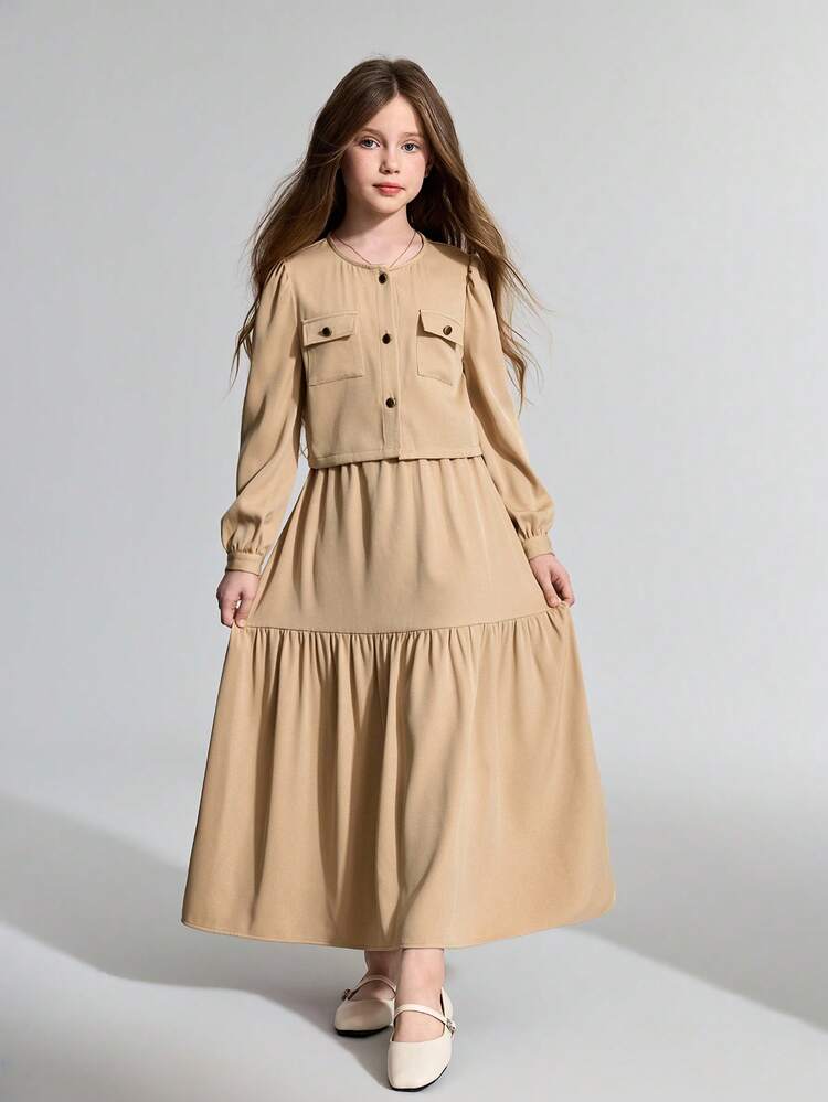 Tween Girl Woven Pocket Long Sleeve Shirt And Long Skirt Casual Set