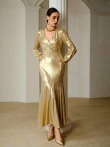 ZEYLAH Women's Elegant Long Sleeve Dress, Simple & Chic, Gold Color - Champagne - View 4