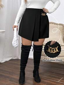 Vionelle 大码女式优雅裹身不对称黑色半身裙 - 黑色 - 查看 6