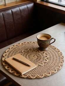12pcs American Country Style Linen Woven Placemat, Round Plate Mat, Table Decoration Shop, Family Gathering Table Decoration - Khaki - View 3