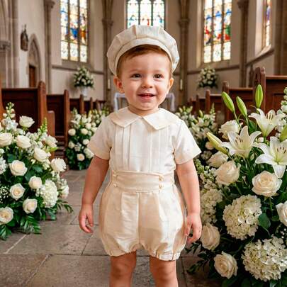 SMK Ceremonias Traje Bautizo Niño, Ropón Bautizo Niño, Modelo Paco, Diseño Solden, Tela Suave y Cómoda para Bebé, Traje Minimalista con Short