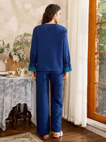 Côtesoire Valentine's Day French Romantic Elegant Lace Trim Flare Sleeve Wide Leg Women Pajama Set - Blue - View 2