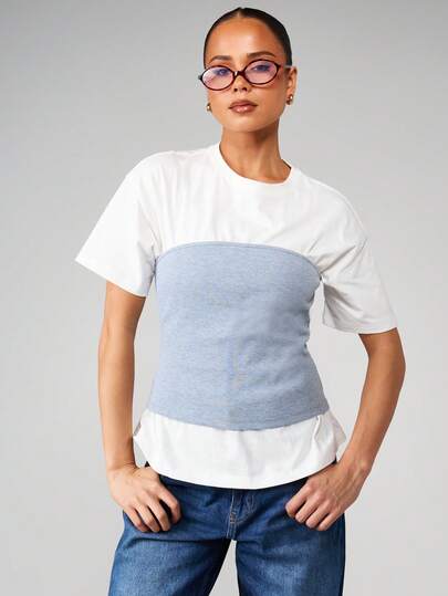MISSGUIDED Layered Bandeau Short Sleeve Crew Neck T-Shirt With Ribbed Bust Panel Color Block Design Casual Cotton Tee