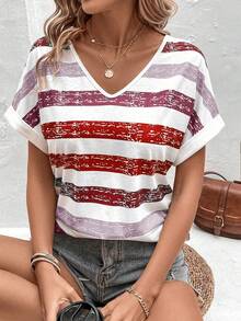 EMERY ROSE Áo thun tay cánh dơi kẻ sọc nhiều màu sắc cho mùa hè Áo thun họa tiết dành cho nữ - Nhiều màu - Xem 3