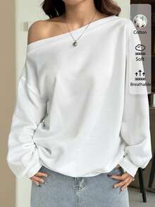 SHEIN EZwear Áo nỉ lót nhiệt cổ chéo, dáng rộng, chất liệu cotton pha trộn màu trắng, dáng rộng thoải mái cho nữ - Áo thu đông ấm áp mặc ở nhà, phong cách dịu dàng, sạch sẽ, trường học, tiệc ký túc xá, thể thao, phòng tập và thời trang đường phố - Nhiều màu - Xem 2