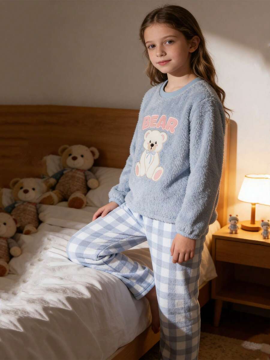 Soft & Fluffy Bear Embroidery Plush Cozy Pajama Set For Big Girls - Blue - View 1
