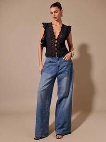 SHEIN BAE 黑色蕾丝无袖V领极简上衣，黑色蕾丝吊带背心 - 黑色 - 查看 7