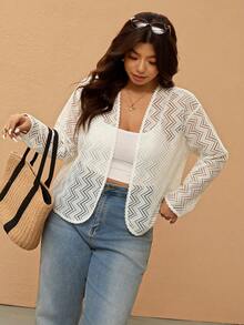 Elaquor 大码休闲纯色蕾丝开衫 - 米色 - 查看 4