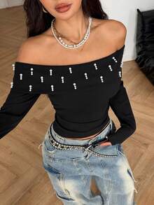 Modelyn Áo thun nữ màu đen tay dài trễ vai đính ngọc trai giả, kiểu dáng phồng, thích hợp cho mùa thu. - màu đen - Xem 4