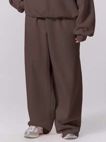 MUSERA 大码直筒抓绒弹力腰慢跑裤，冬季款，可爱日常休闲款，Coffee Club Curve Vacation - 棕色 - 查看 2