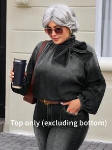 EMERY ROSE Plus Size Women's Fashion Bow Denim Blouse - Dark Grey - View 8