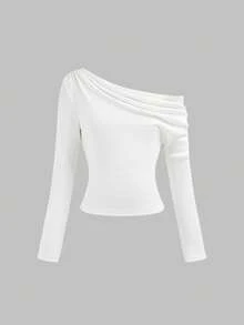 Firerie Kids 少女不对称肩针织上衣T恤，休闲时尚百搭街头风 - 白色 - 查看 6