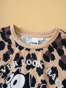 SHEIN Felix The Cat Camiseta de manga corta con estampado de leopardo y eslogan de dibujos animados, de estilo casual y chic para uso diario y paseos, para niñas, verano - Café integral - Ver 3