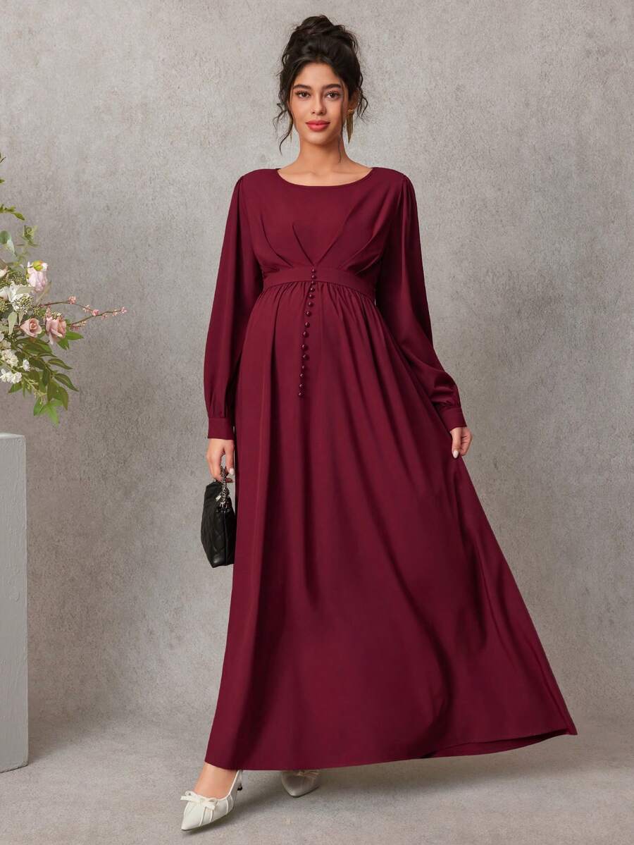 Solid Color Elegant Long Sleeve Decorative Button Maternity Dress - Red - View 1