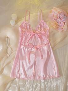 DelicateAllure Satin, Faille, Ren chắp vá, Buộc lên, Khoét lưng, Đồ ngủ cổ chữ V sâu, Thanh lịch & Quyến rũ, Gợi cảm & Nữ tính - Hồng - Xem 2