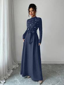 Elenzga 女士高领纯色优雅珍珠装饰腰部系带蝴蝶结长袖连衣裙，适合外出、通勤、聚会、度假、圣诞节等场合。 - 藏蓝色 - 查看 5