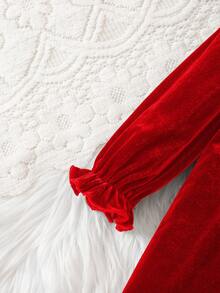 SHEIN Elegant Velvet Green Ruffle Trim Long Sleeve Dress Valentine's Day - Red - View 3