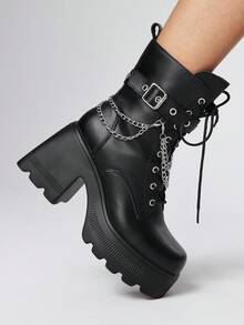 ROMWE Giày bốt cao gót buộc dây đến giữa bắp chân có khóa cài kiểu Corns Buckle Chain dành cho nữ - màu đen - Xem 3