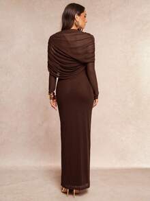 Silquee Elegant Romantic Solid Color Ruffle Collar Asymmetrical Pleated Waist Long Sleeve Dress - Coffee Brown - View 2