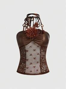 ROMWE EDITION 嬉皮风3D立体花卉装饰撞色蕾丝露背吊带背心（女款） - 棕色 - 查看 1