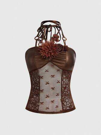 Top canotta da donna con scollo a canottiera, decorazione floreale 3D e pizzo a contrasto in stile hippie