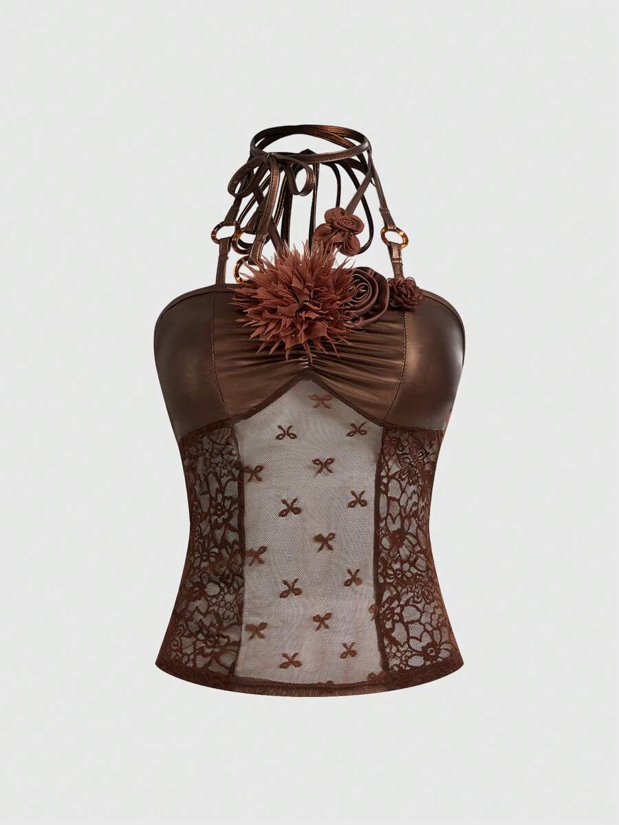 ROMWE EDITION 嬉皮风3D立体花卉装饰撞色蕾丝露背吊带背心（女款） - 棕色 - 查看 1