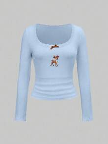 ROMWE J-Fashion Cute Deer Embroidered Lace Blouse Paired With Deer Print Flare Pants, Autumn/Winter - Blue - View 4