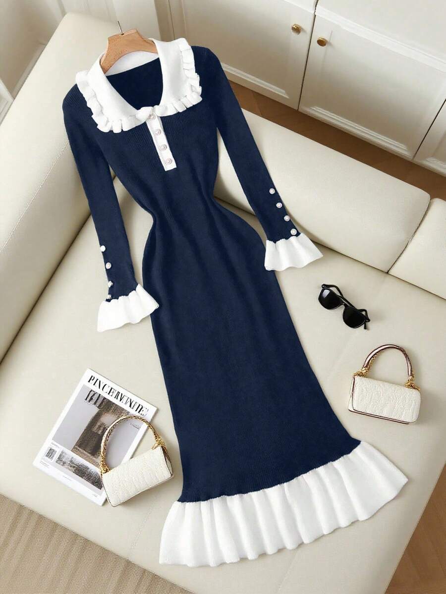 SHEIN Franclia Váy len nhún bèo mới, váy len phong cách Pháp thanh lịch cổ điển cho mùa thu/đông - Xanh đậm - Xem 1