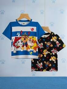 SHEIN | PAW Patrol 2pcs/Set Young Boy Casual Cute Cartoon Dog Print Round Neck Short Sleeve Knit T-Shirt, Summer - Multicolor - View 1