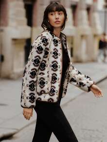 lacRébo Cream Floral Print Sherpa Jacket With Contrast Piping And Snap Button Closure Autumn Winter Spring Women Clothes Spring Winter Women's Jackets Crop Jackets For Women Cropped Jackets Bomber Jacket French Style Parisian Style - Chocolate Brown - View 7