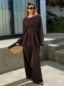 Livesso 优雅女士两件套，宽松商务休闲时尚街头风荷叶边褶皱腰身办公室穿着套头衫和直筒裤，适合秋冬季节穿着。 - 棕色 - 查看 2
