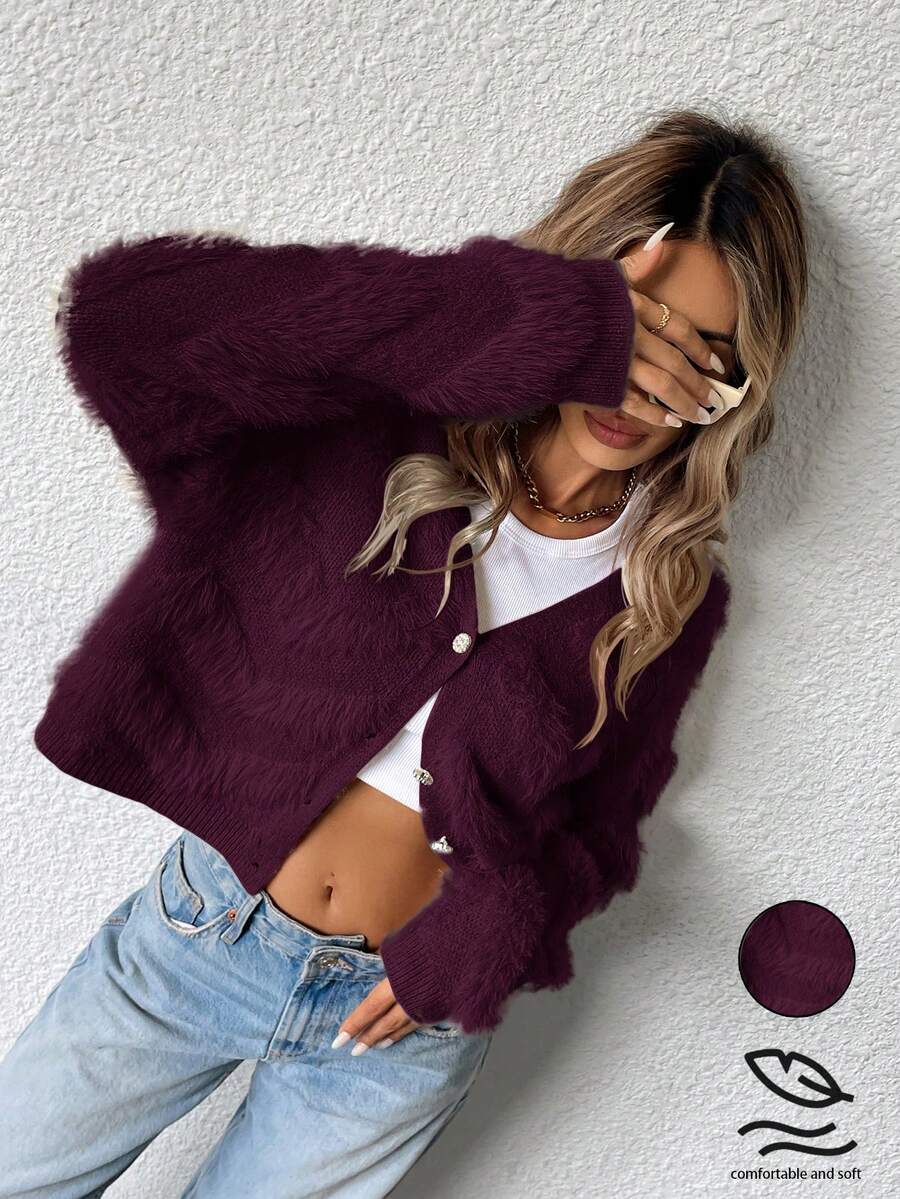 GENKIRA Áo len cardigan cổ chữ V rộng rãi, mềm mại, sang trọng kiểu Pháp - Màu tím - Xem 1