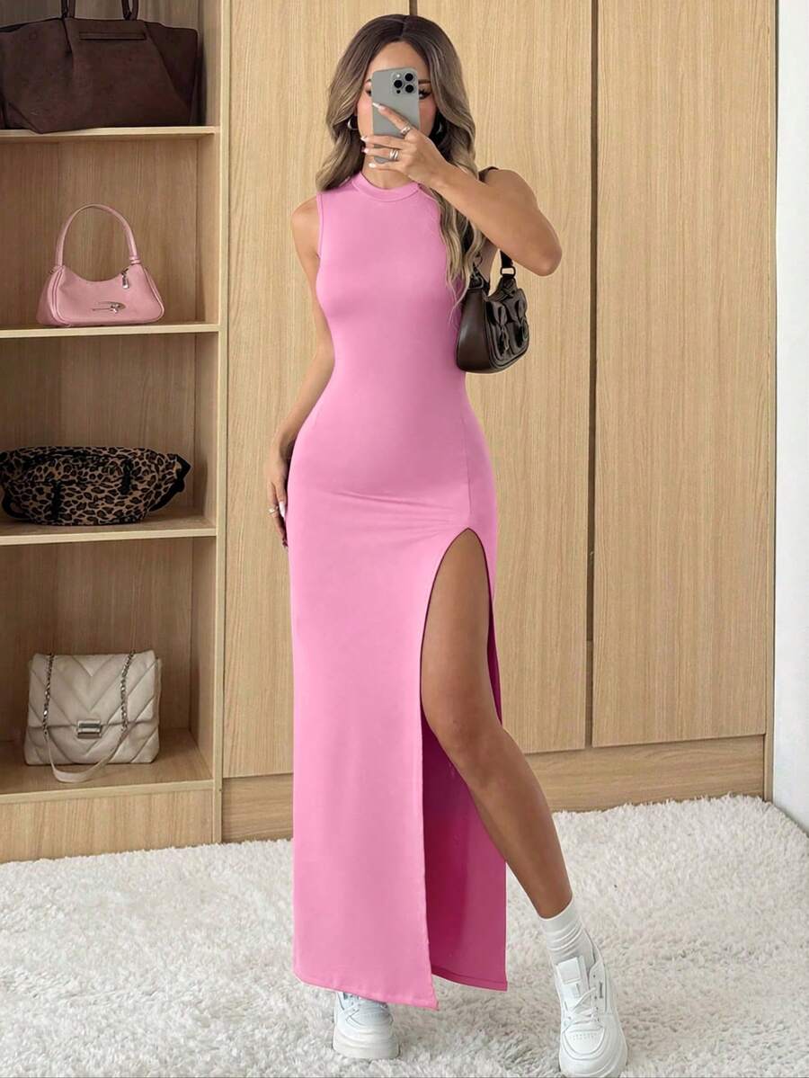 SHEIN EZwear 女士纯色圆领高开衩优雅收腰连衣裙,适合度假和派对穿着 - 粉色 - 查看 1