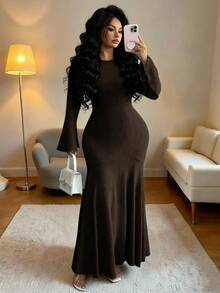 Elenzga Plus Size Elegant Solid Color Flare Sleeve Fishtail Hem Dress, Autumn - Brown - View 1