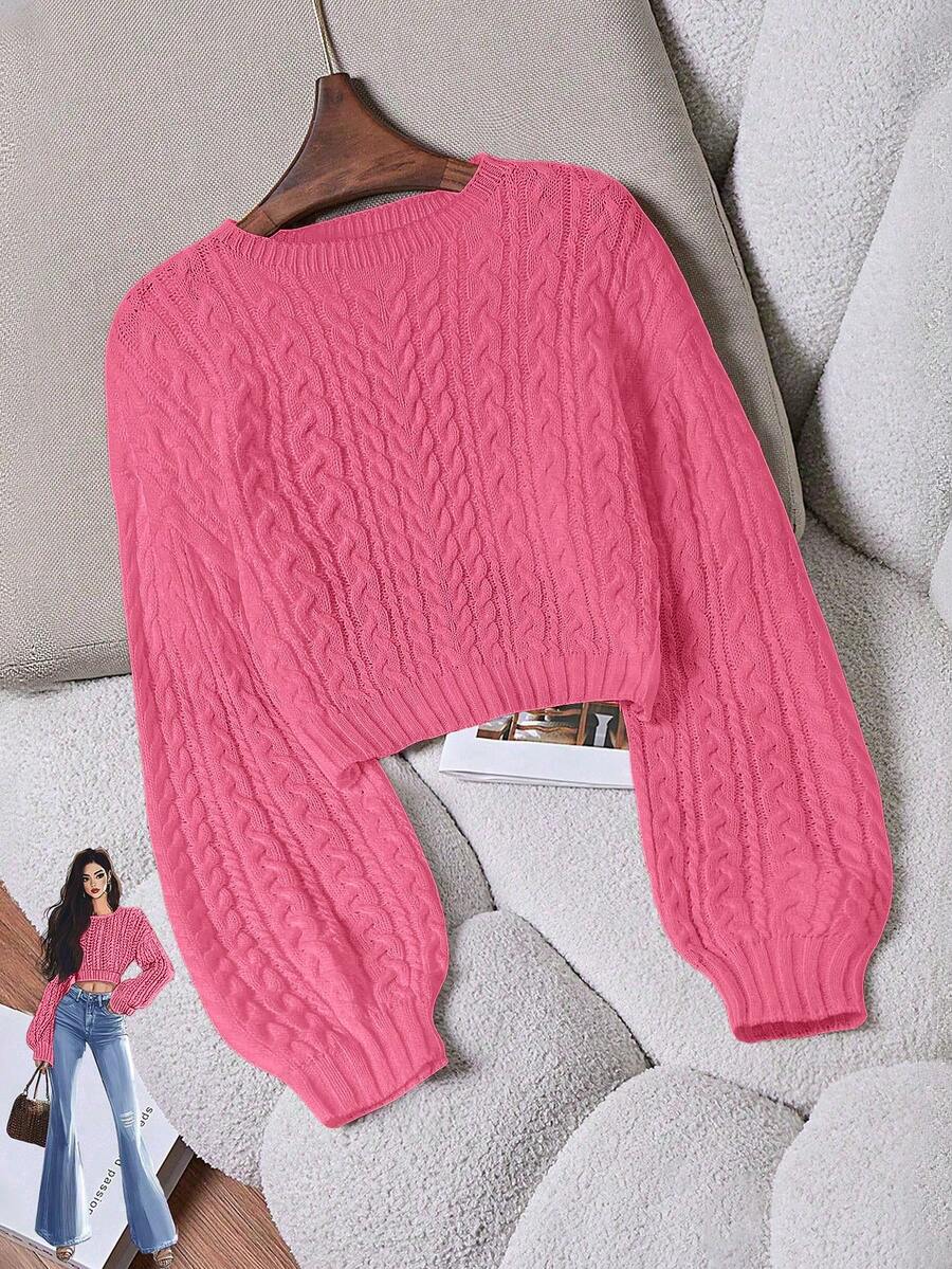 SHEIN Franclia Áo len chui đầu tay đèn lồng cổ tròn xoắn dây thời trang trẻ trung, đơn giản, đa năng, dễ mặc khi đi làm cho nữ, mùa thu/đông - Màu Hồng  Dưa hấu - Xem 1