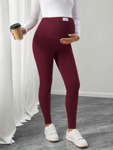 SHEIN 可调节高腰字母印花孕妇打底裤，休闲通勤装 - 酒紅色 - 查看 7