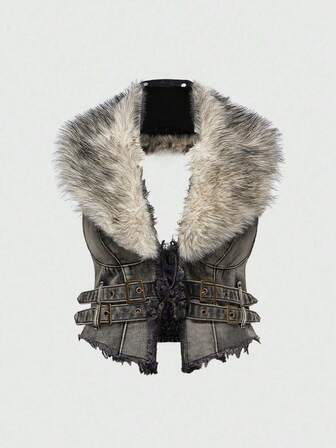 Hippie Giacca di jeans da donna oversize con colletto in pelliccia finta staccabile, può essere indossata anche come top attillato in stile Y2K