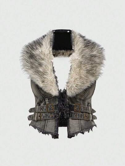 Hippie جاكيت جينز للنساء بحجم كبير مع طوق فرو اصطناعي قابل للإزالة، ويمكن ارتداؤه أيضًا كقميص ضيق