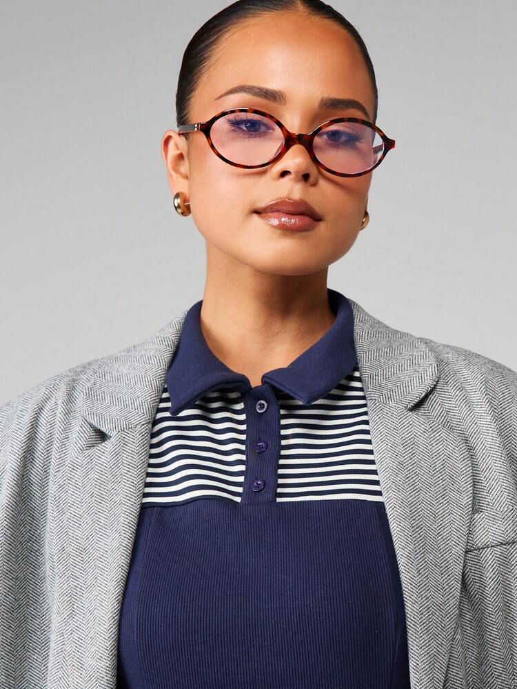 MISSGUIDED Layered Collared Polo Top With Striped Sleeves And Solid Ribbed Body Casual Short Sleeve Fitted Knit