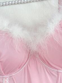 Váy xòe ren bóng gợi cảm cỡ lớn cho nữ kèm họa tiết lông thú và vòng chân, bộ 4 món - Hồng - Xem 9