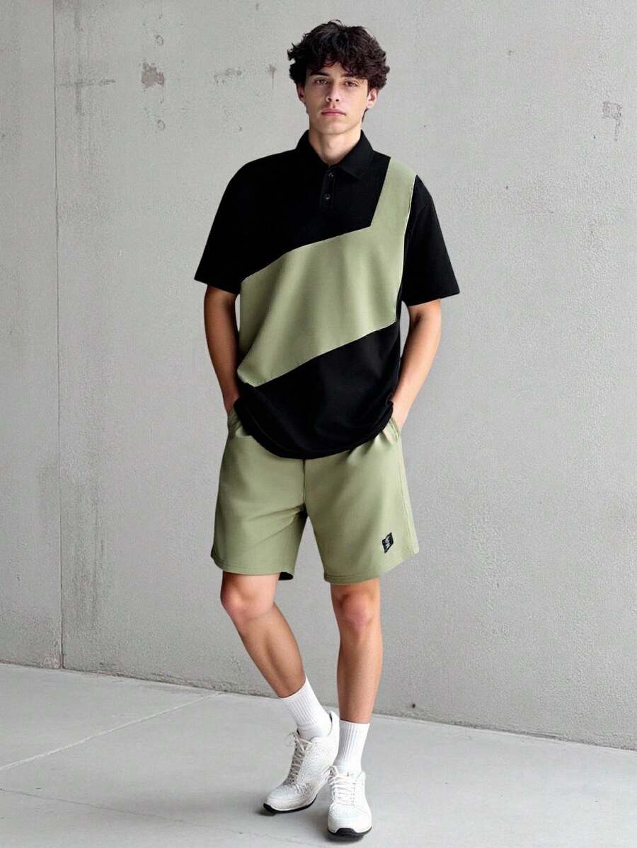 Vacaura 2件套青少年男童拼接Polo衫（衬衫领）和休闲运动短裤 - 彩色 - 查看 1