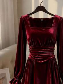 Franclia 女士休闲优雅酒红色丝绒方领收腰灯笼袖中长连衣裙 - 酒紅色 - 查看 5