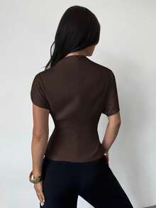 SHEIN PETITE CURVE 大码女式纯色褶皱蝙蝠袖短袖时尚衬衫 - 棕色 - 查看 7