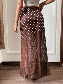 Serisse Women's Elastic Waist Polka Dot Print Contrast Lace Fashionable Skirt Summer Elegant, French-Style Elegant High-Waisted Skirt With Color-Blocked Brown Polka Dots And Lace Trim. Perfect For Dates, Vacations, Or Casual Outings, Polka Dot , Vacations For Women, Beach Skirt, Valentines For Women - Brown - View 2