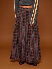 COUREZ Maxi Fold Pleated Skirt In Check /Y2K  Spring For Women Party For Women Going Out Sexy Skirt Elegant Skirt Brown Long Skirts For Women Festivals - Brown - View 4