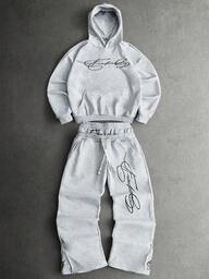 PAVTROS Manfinity Streetrush Męski zestaw dresowy z kapturem i spodniami w stylu ulicznym, popularnym wzorem INS, 2 w 1, ściągany sznurkiem w pasie i zapinany na suwak, haftowany napis "Freedom", odpowiedni na festiwale muzyczne na świeżym powietrzu, do klubów nocnych, prezent dla chłopaka/męża, prezent rocznicowy, jasnoszary, męski zestaw dresowy, zestaw z kapturem i spodniami dresowymi, designerski dres, styl lat 2000., ubrania na jesień