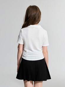 Ontre Tween Girl Ribbed Knit White T-Shirt With Embroidered Pattern And Ruched Collar - White - View 2