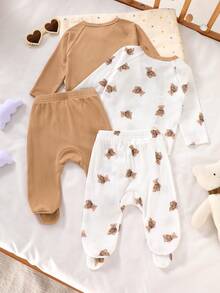 SHEIN 2pcs Baby Boy Casual Multifunctional Comfortable Cute Round Neck Long Sleeve Top + Pants Set, Khaki Bear Print Pattern Bow Baby Outfit, Infant, Baby Boy All Season Set Baby Set Autumn Winter Season Baby Summer Sets Mocha Baby Clothes Neutral Baby Clothes Unisex Teddy Bear Baby Clothes Baby Long Sleeve Outfit - Multicolor - View 2